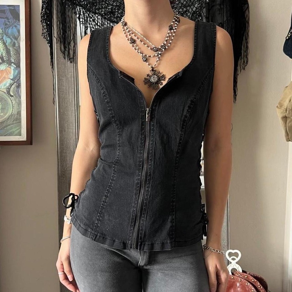 Tripp NYC Joan Jett Black Denim Zip Up Corset Tank Top Side Lace Up M 2000s